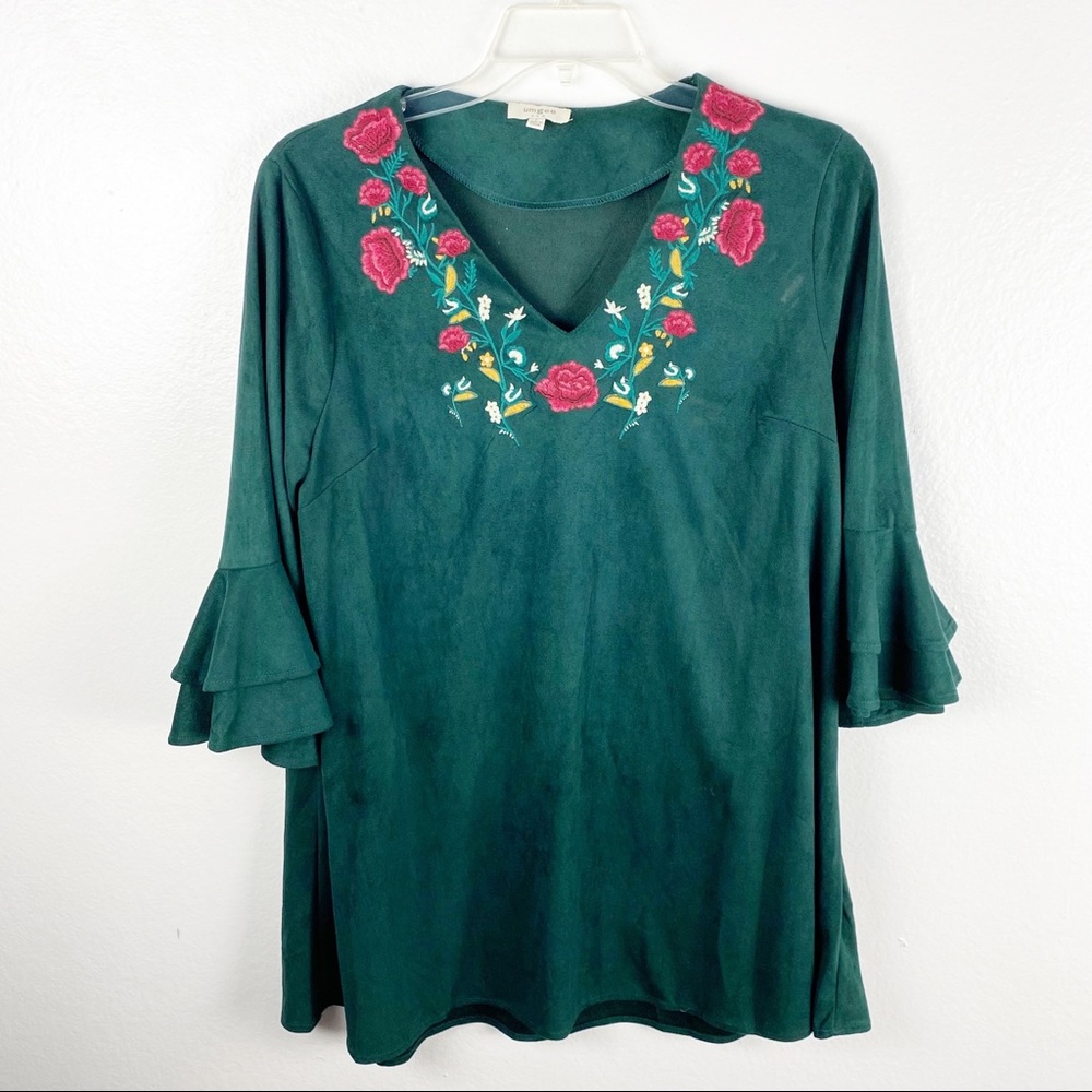 UMGEE Green Velour Embroidered Layered Bell Sleeve Dress Large Boho Cottagecore